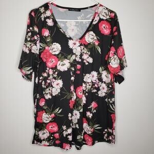 Acting Pro Black Floral V Neck Tie Short Sleeve Top 1X